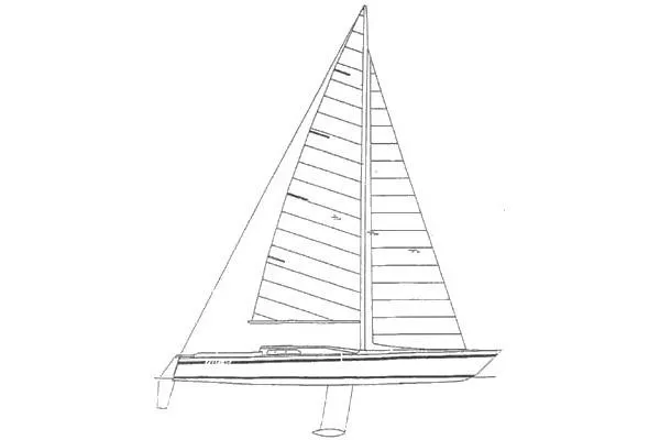 Slide: The Image of Line drawing of a 1983 Cape Bay Fast 40 sailboat, side view with detailed sails. - 3