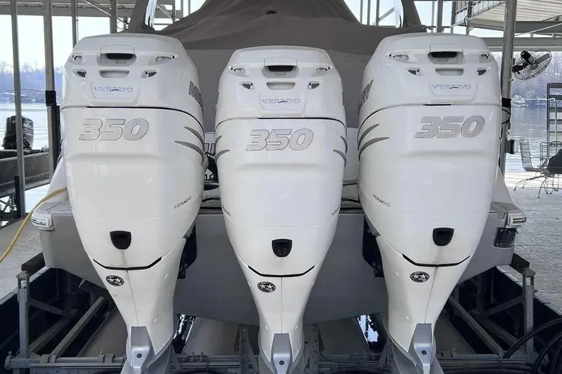 Slide: The Image of Triple Mercury Verado 350 engines on a 2019 Mystic Powerboats M4200. - 27