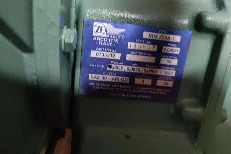 Slide: The Image of Label on machinery with specifications, including ZF Marine, ARCO Italy, and oil type details. - 13