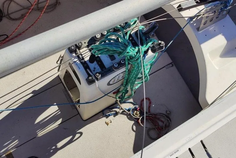 Slide: The Image of Interior view of a 1982 Ontario Yachts Etchells with sailing equipment. - 10