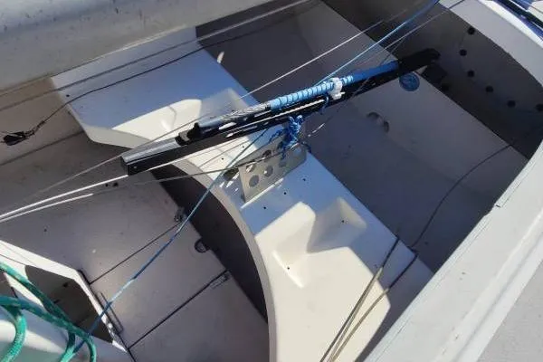 Slide: The Image of 1982 Ontario Yachts Etchells sailboat interior with rigging and seating. - 14