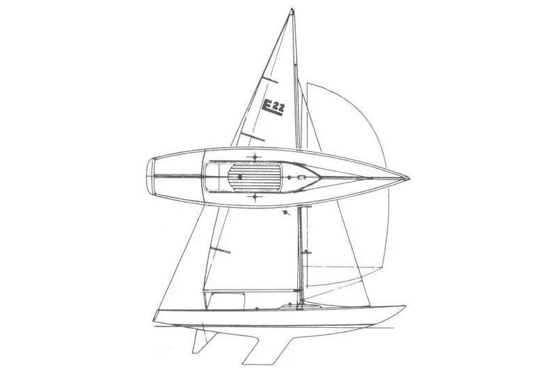 Slide: The Image of Line drawing of a 1982 Ontario Etchells sailboat, showcasing top and side views. - 3