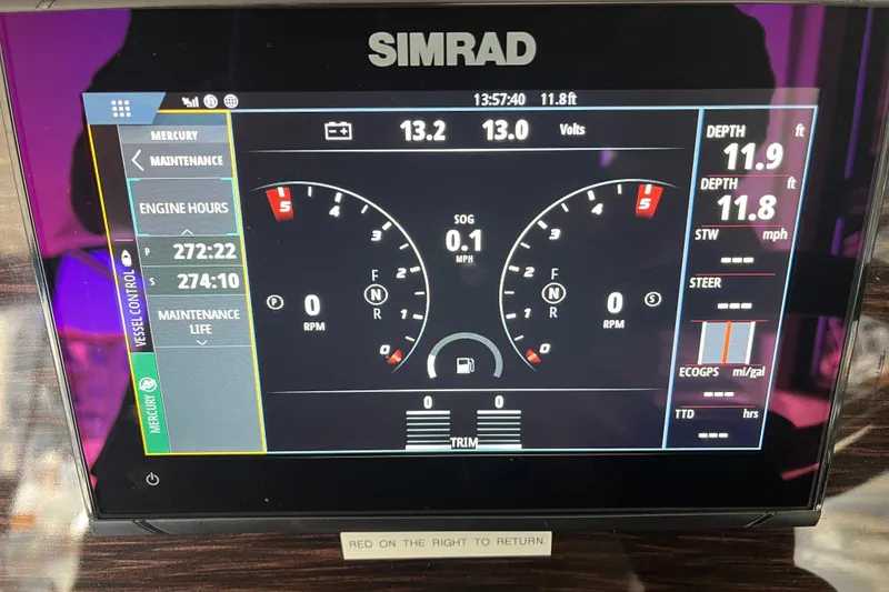 Slide: The Image of Simrad display on 2018 Sea Ray Sundancer 350 Coupe showing engine and navigation data. - 62