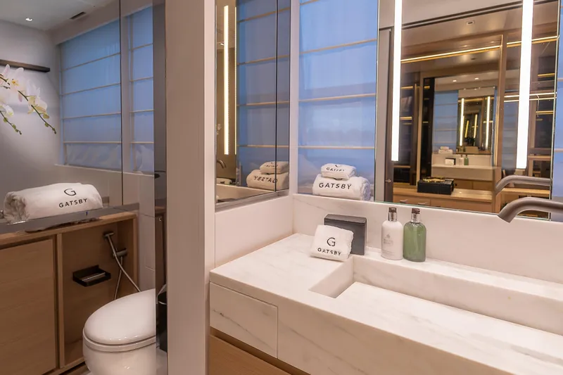 Slide: The Image of Luxurious bathroom on 2021 Sanlorenzo SL96A yacht with elegant fixtures and decor. - 11