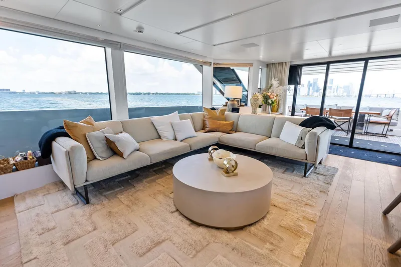 Slide: The Image of Luxurious interior of 2021 Sanlorenzo SL96A yacht with elegant seating and ocean view. - 25