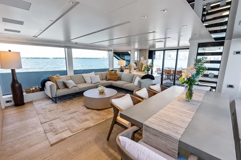 Slide: The Image of Luxurious interior of 2021 Sanlorenzo SL96A yacht with elegant seating and ocean view. - 28