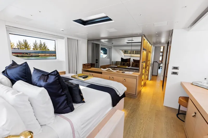 Slide: The Image of Luxurious interior of 2021 Sanlorenzo SL96A yacht with elegant bedroom and modern furnishings. - 33