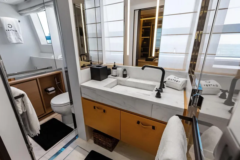 Slide: The Image of Luxurious bathroom on 2021 Sanlorenzo SL96A yacht with modern fixtures and elegant design. - 37