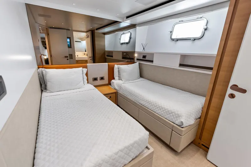 Slide: The Image of Luxurious twin cabin interior of 2021 Sanlorenzo SL96A yacht, featuring modern design and comfort. - 47