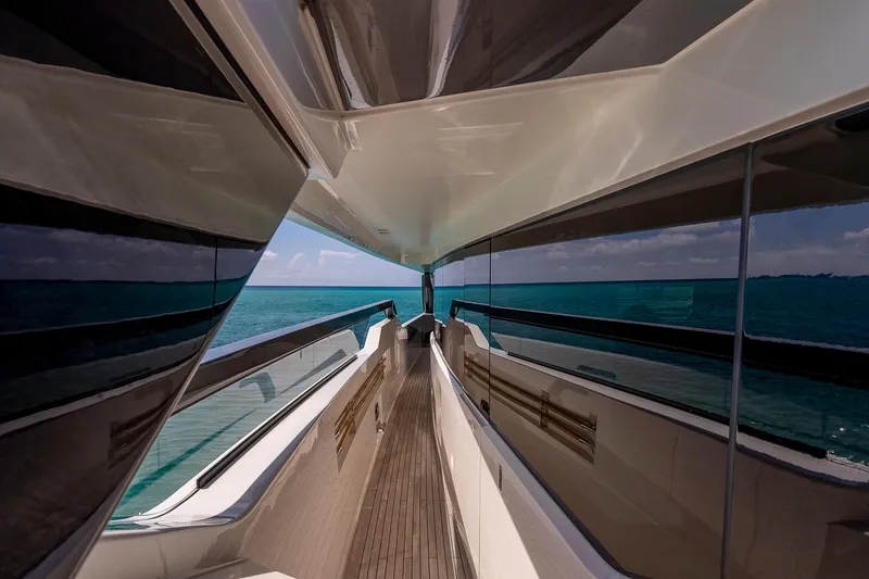 Slide: The Image of Sanlorenzo SL96A yacht deck view, 2021 model, overlooking the ocean. - 8