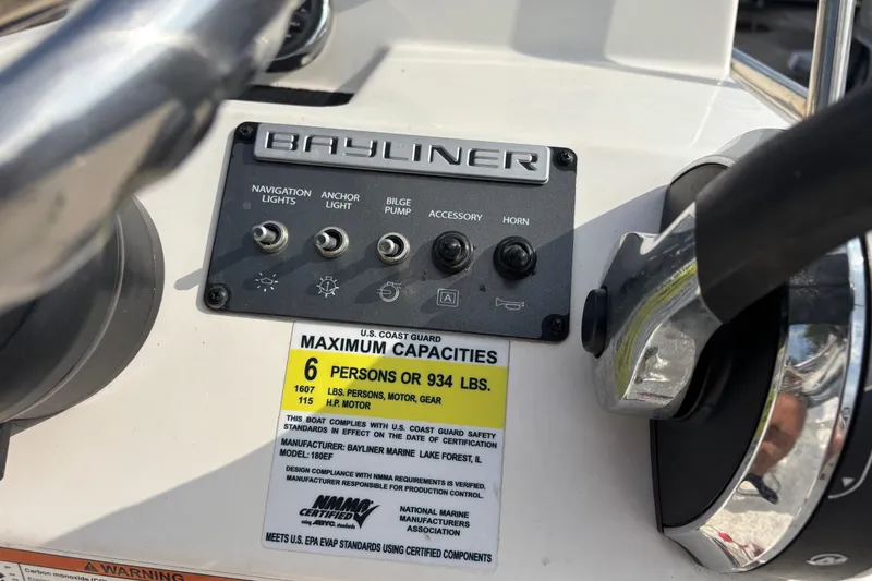 Slide: The Image of Control panel of a 2019 Bayliner Element F18 boat, showing switches and capacity label. - 19