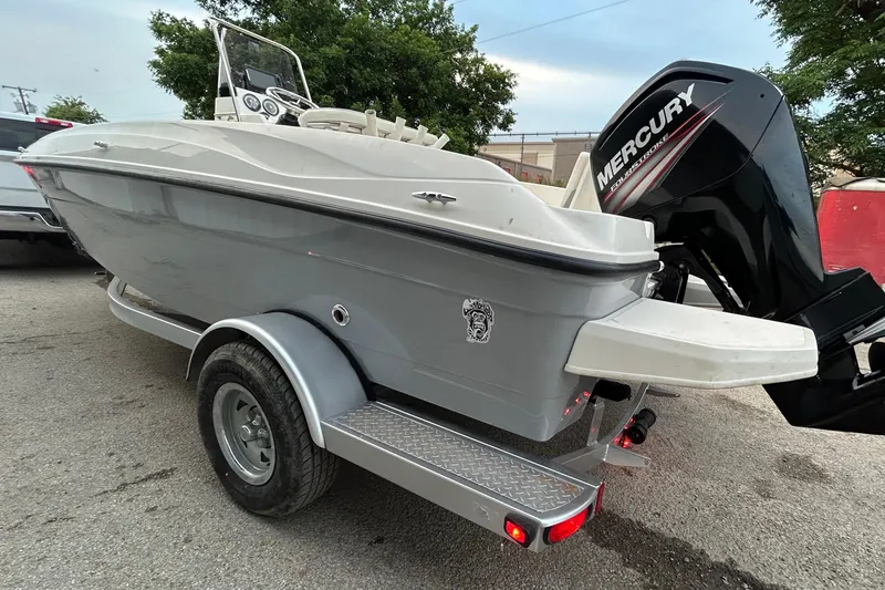 Slide: The Image of 2019 Bayliner Element F18 boat rear view with outboard motor in a marina. - 3