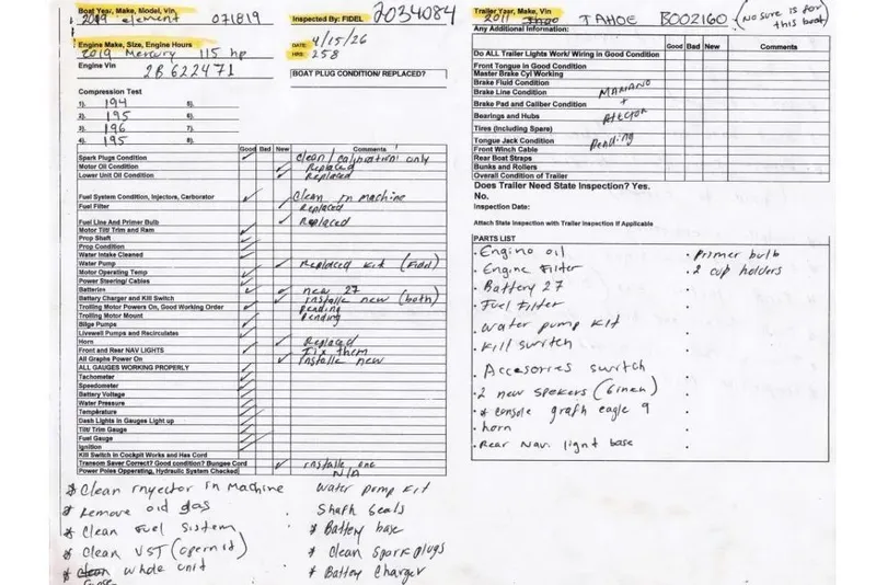 Slide: The Image of Inspection report for 2019 Bayliner Element F18 boat with maintenance notes. - 48