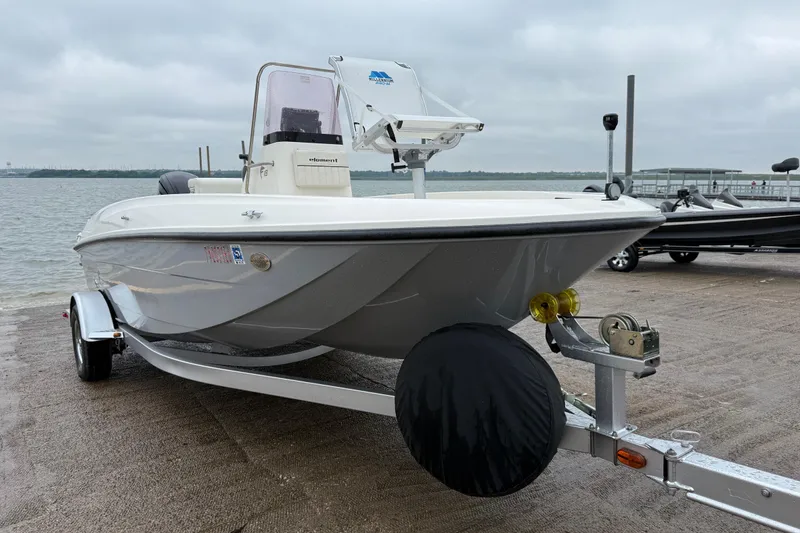 Slide: The Image of 2019 Bayliner Element F18 boat on trailer by the water, overcast sky. - 65