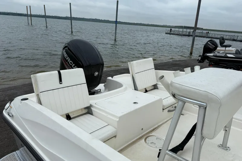 Slide: The Image of 2019 Bayliner Element F18 boat with Mercury engine docked by the water. - 72
