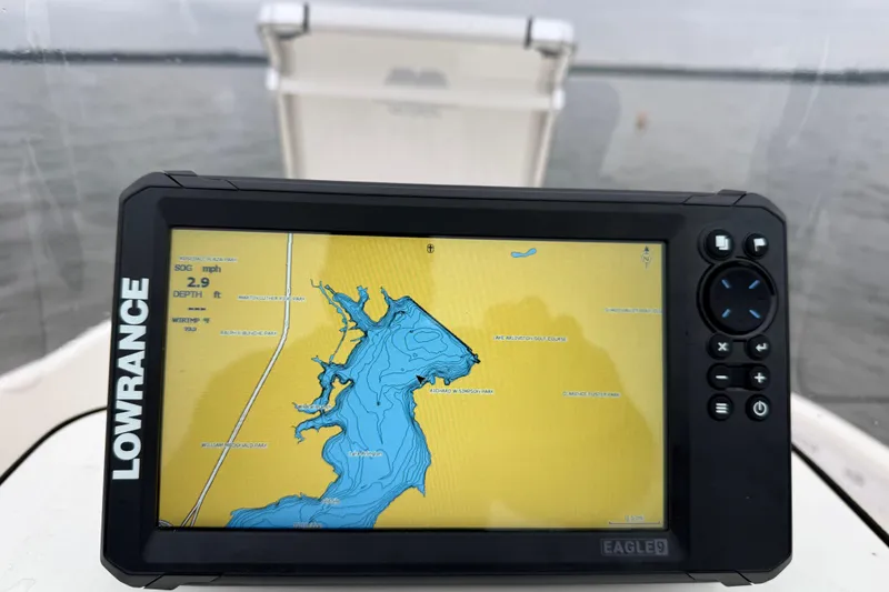 Slide: The Image of Lowrance navigation system on 2019 Bayliner Element F18, displaying a detailed marine map. - 75