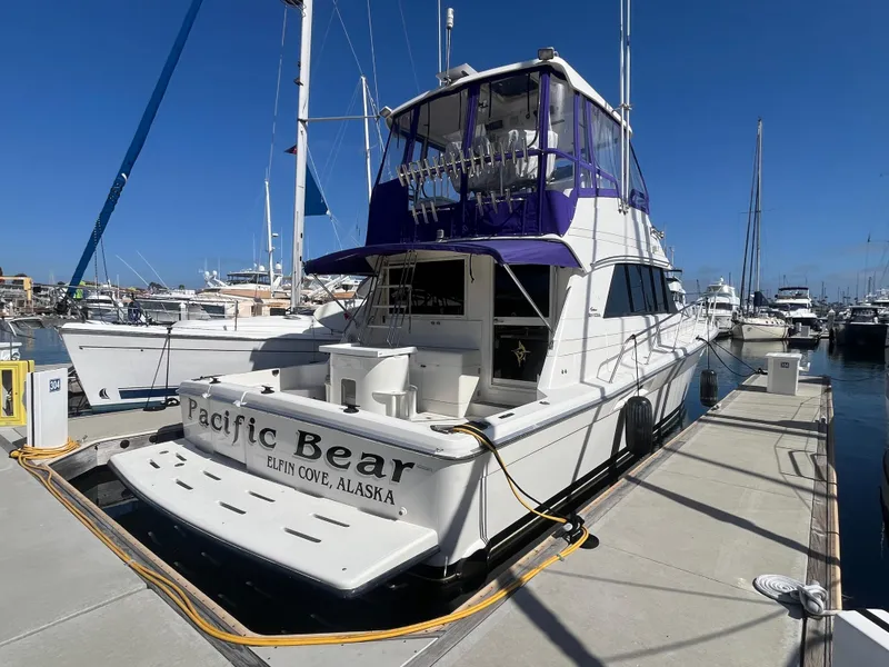 Slide: The Image of Eine Riviera 43 Open Flybridge von 1997 liegt an einem sonnigen Dock, umgeben von anderen Booten. - 3