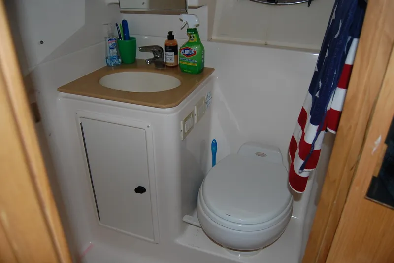 Slide: The Image of 2004 Tiara Yachts 3500 Open bathroom with sink, toilet, and cleaning supplies. - 18