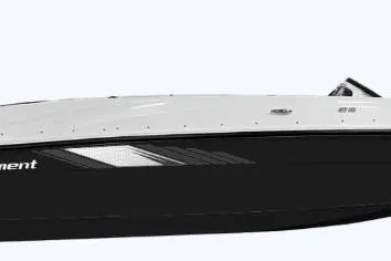 The Image of 2026 Bayliner Element E16 boat, sleek black and white design, side view. - 1