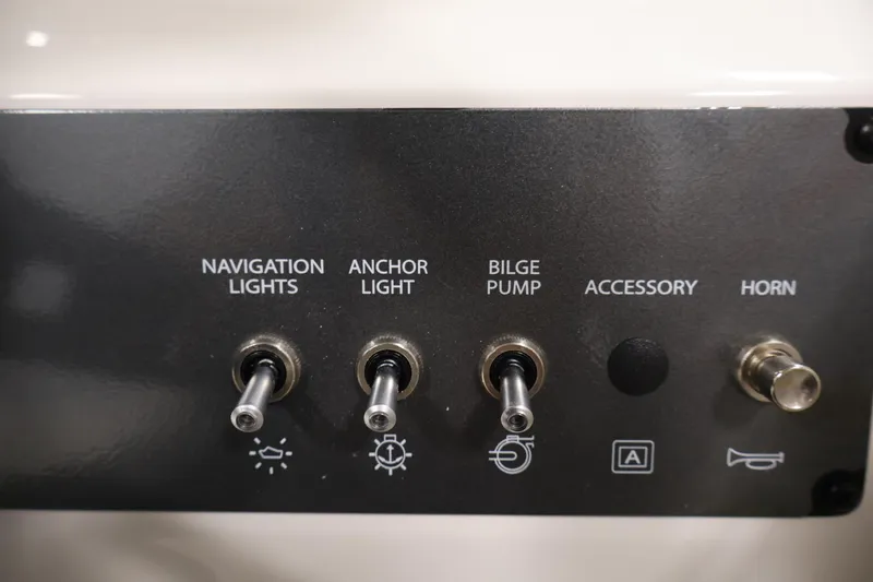 Slide: The Image of Control panel of 2026 Bayliner Element E16 with switches for lights, bilge pump, and horn. - 28