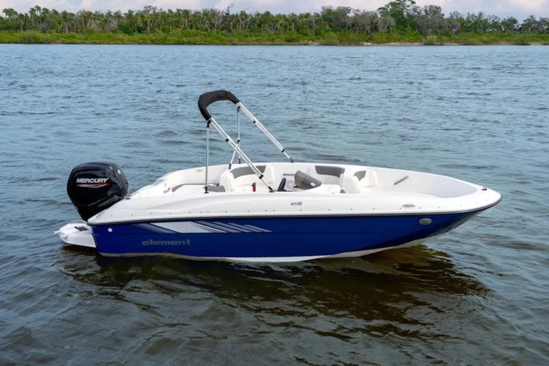 Slide: The Image of 2026 Bayliner Element E16 boat on water, featuring a sleek blue and white design. - 35