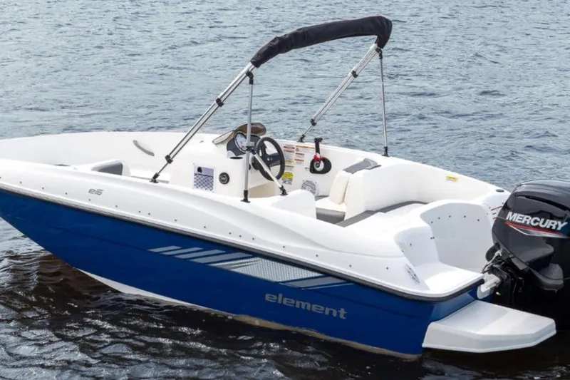 Slide: The Image of 2026 Bayliner Element E16 boat with Mercury engine on water. - 3