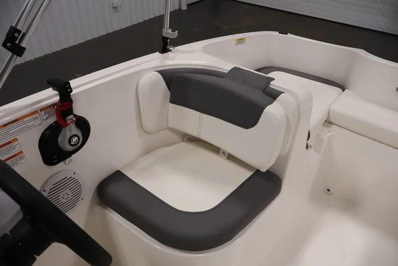 Slide: The Image of 2026 Bayliner Element E16 boat interior with gray and white seating. - 37