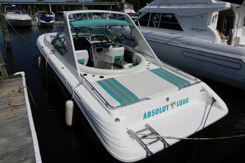 Slide: The Image of 1994 Sea Ray 310 Sun Sport boat docked, featuring teal accents and "Absolut Luau" text. - 3