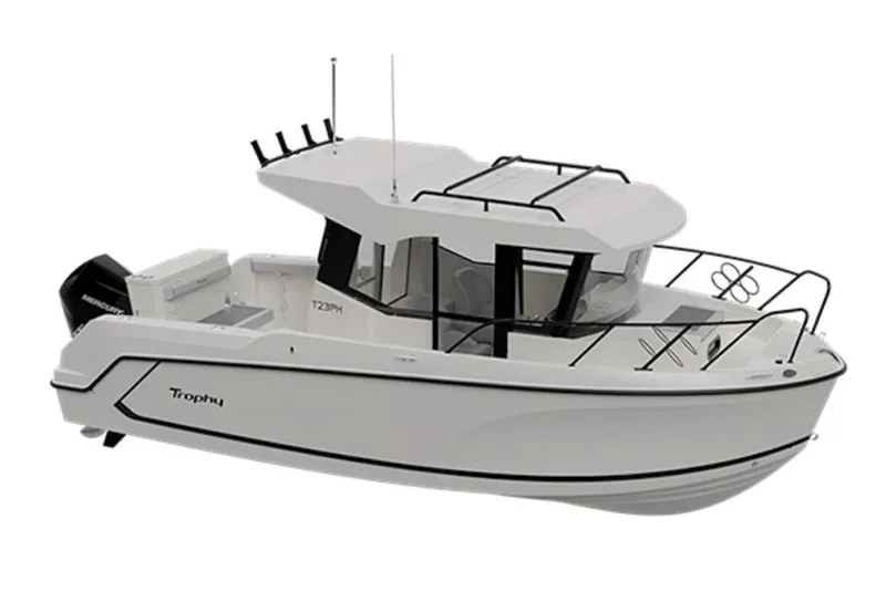 Slide: The Image of 2026 Bayliner Trophy T23 Pilothouse boat, side view, white exterior, modern design. - 11