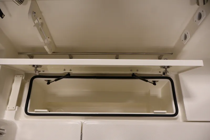 Slide: The Image of 2026 Bayliner Trophy T23 Pilothouse storage compartment with open hatch and hydraulic supports. - 45