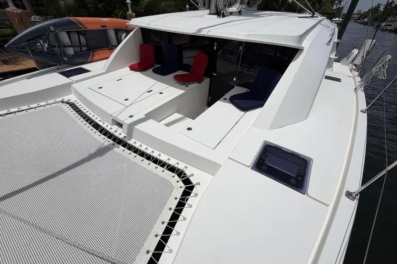 Slide: The Image of 2020 Leopard 40 catamaran deck with seating and trampoline netting. - 12