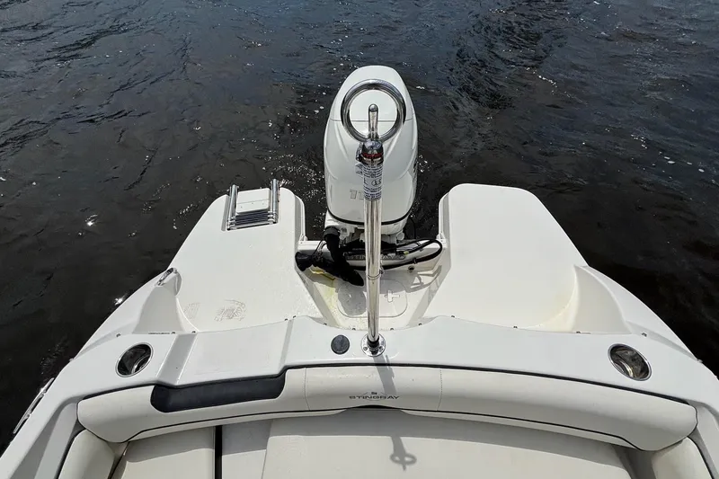 Slide: The Image of 2020 Stingray 191 DC boat rear view with motor on water. - 14