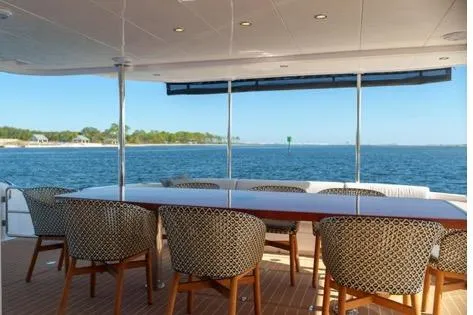 Slide: The Image of Luxury yacht Horizon PC65 2022, featuring elegant outdoor dining area with ocean view. - 24