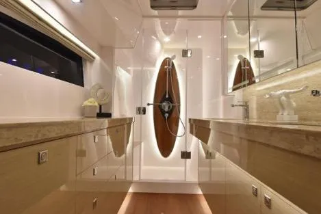 Slide: The Image of Luxurious bathroom interior on 2022 Horizon PC65 yacht with modern fixtures and elegant design. - 77