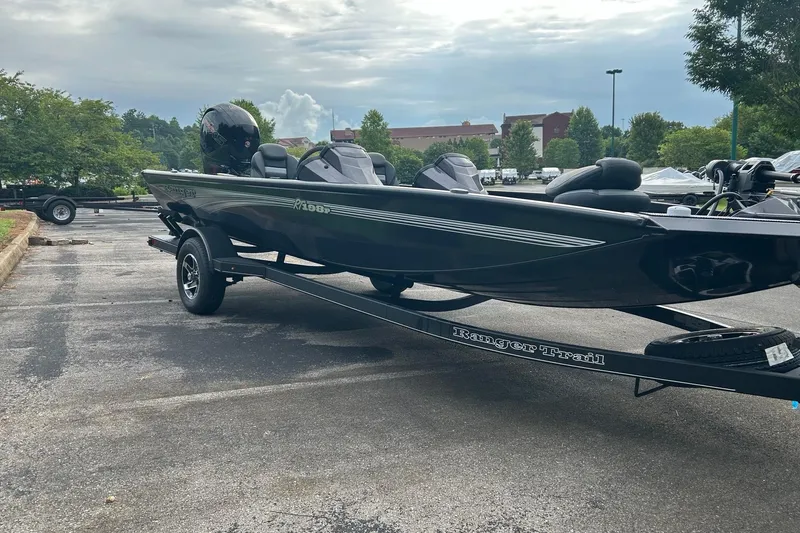 Slide: The Image of 2026 Ranger RT198P boat on trailer in parking lot, overcast sky. - 2