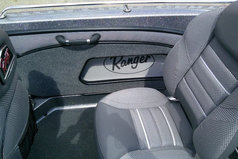 Slide: The Image of Interior of 2026 Ranger 1880MS boat with gray seating and Ranger logo. - 88