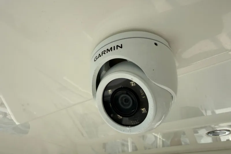 Slide: The Image of Garmin security camera installed on a 2021 World Cat 400 DC-X boat ceiling. - 15