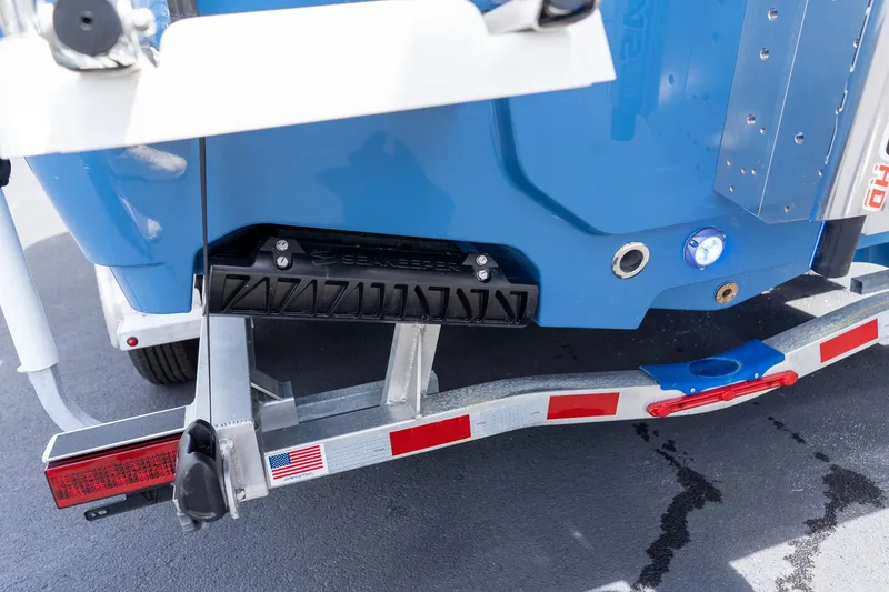 Slide: The Image of 2026 Sportsman Masters 247 Bay Boat on trailer, featuring Seakeeper technology. - 10