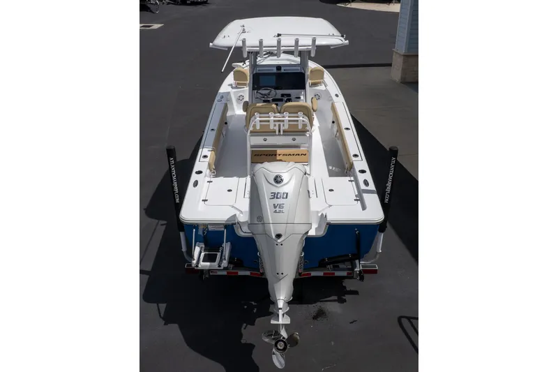 Slide: The Image of 2026 Sportsman Masters 247 Bay Boat with powerful 300 V6 engine, rear view. - 11