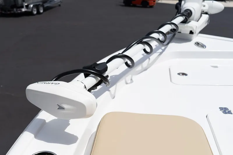 Slide: The Image of 2026 Sportsman Masters 247 Bay Boat with Garmin trolling motor on deck. - 30