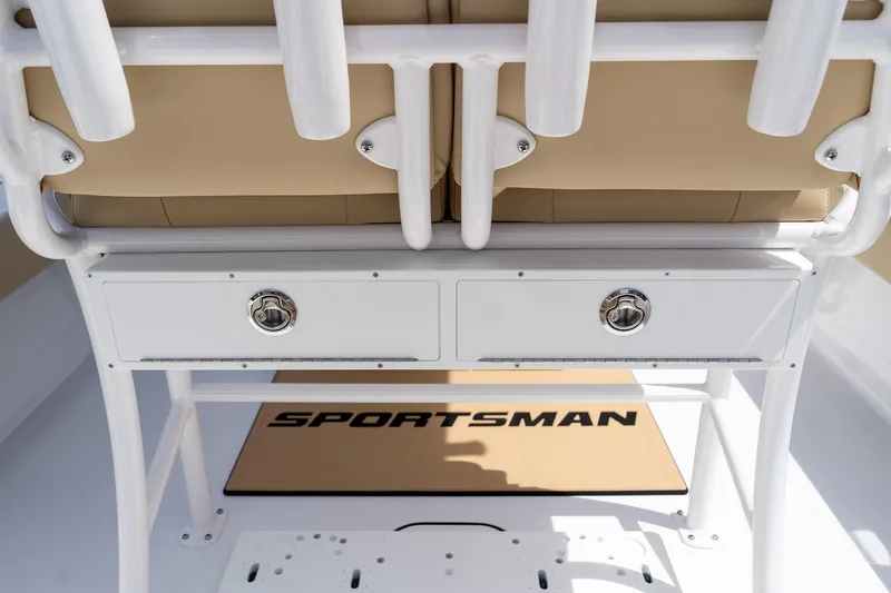 Slide: The Image of 2026 Sportsman Masters 247 Bay Boat interior with storage drawers and seating. - 39