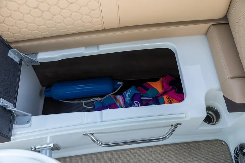 Slide: The Image of Interior view of 2019 Sea Ray SDX 270 boat's compact bathroom area. - 16