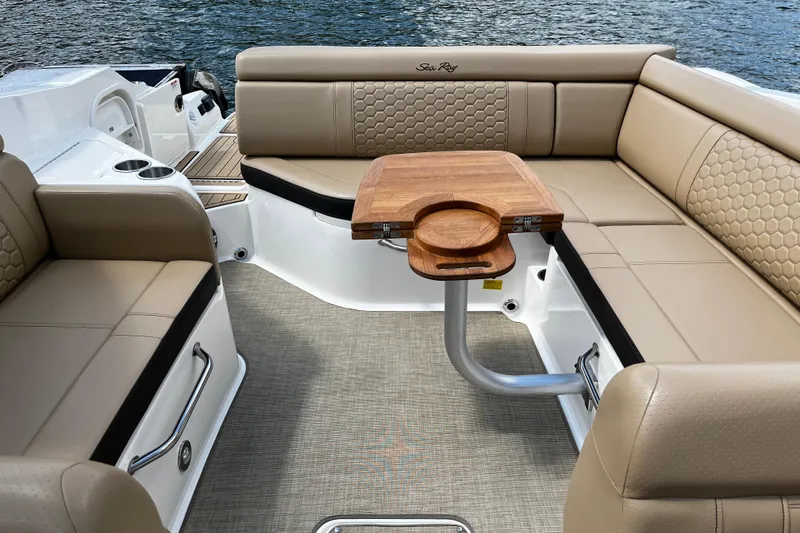 Slide: The Image of 2019 Sea Ray SDX 270 boat on trailer, parked in residential neighborhood. - 23