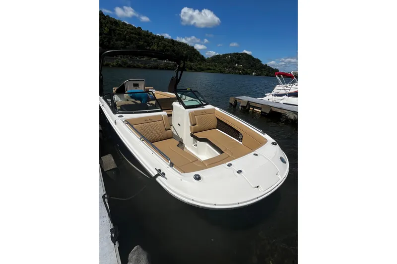 Slide: The Image of 2019 Sea Ray SDX 270 boat docked on a serene lake under a clear blue sky. - 3