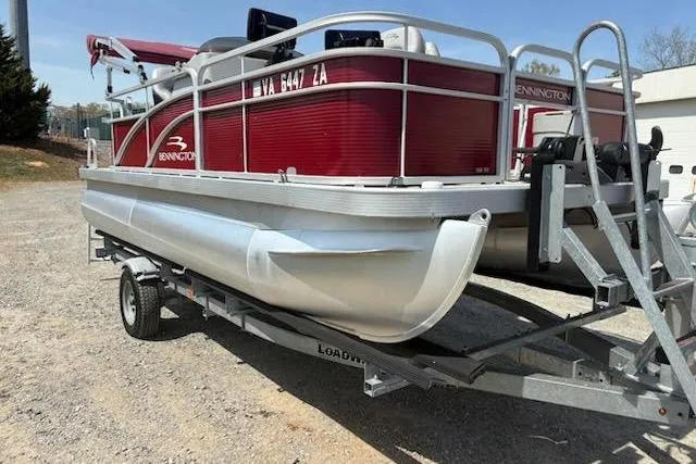 Slide: The Image of 2020 Bennington SV 188 SFV 8' Narrow Beam pontoon boat on trailer. - 4
