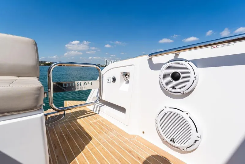 Slide: The Image of Luxury seating on 2022 Pardo Yachts 38, featuring sleek design and teak flooring. - 41
