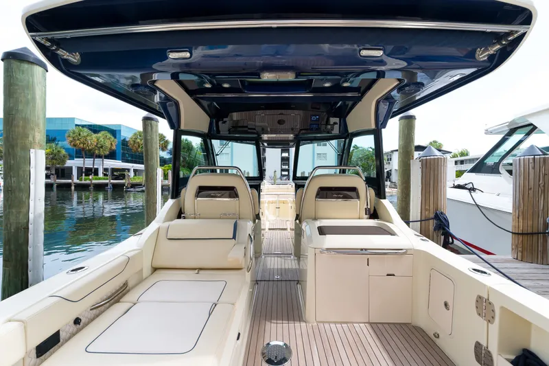 Slide: The Image of 2022 Chris-Craft Calypso 35 boat interior with luxurious seating and modern design. - 22