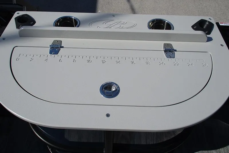 Slide: The Image of Fishing station on 2026 Bentley Pontoons Fish 240 N-Cruise with measurement scale and cup holders. - 23