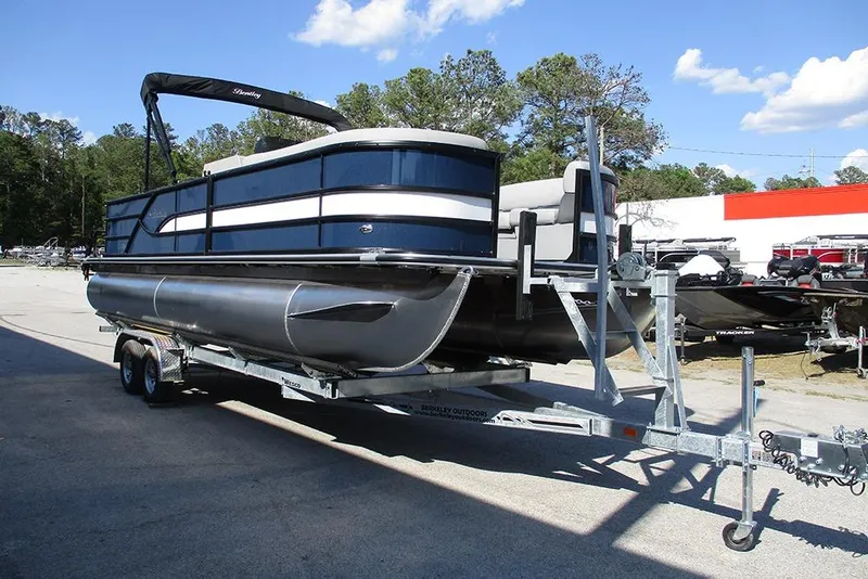 Slide: The Image of 2026 Bentley Pontoons Fish 240 N-Cruise on trailer, parked outdoors. - 5