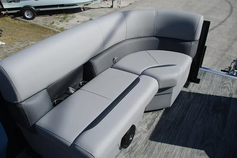 Slide: The Image of Luxurious seating on 2026 Bentley Pontoons Fish 240 N-Cruise boat, featuring sleek gray upholstery. - 8